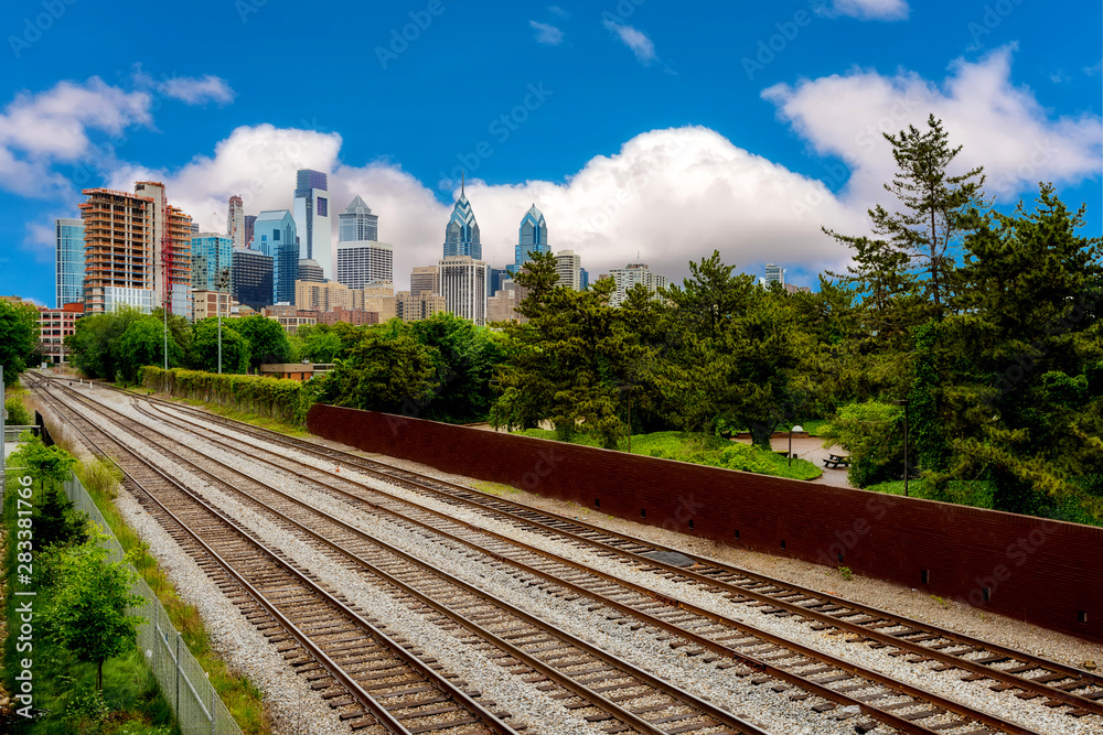 Railroad tracks lead into the city center of Philadelphia Pennsylvania