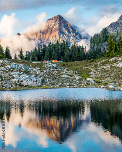 Backcountry camping on the lake in North Cascade Mountains