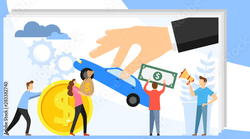 Car sale. Mini people give money for a car. Hand holds a car for sale. Vector illustration of auto sale