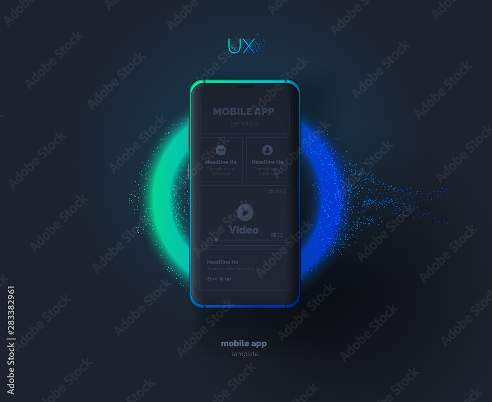 Mobile phone template. Mobile phone with a mockup of a mobile application on the background of a flash of light. Ultraviolet. Modern vector illustration. Abstract background. - obrazy, fototapety, plakaty 