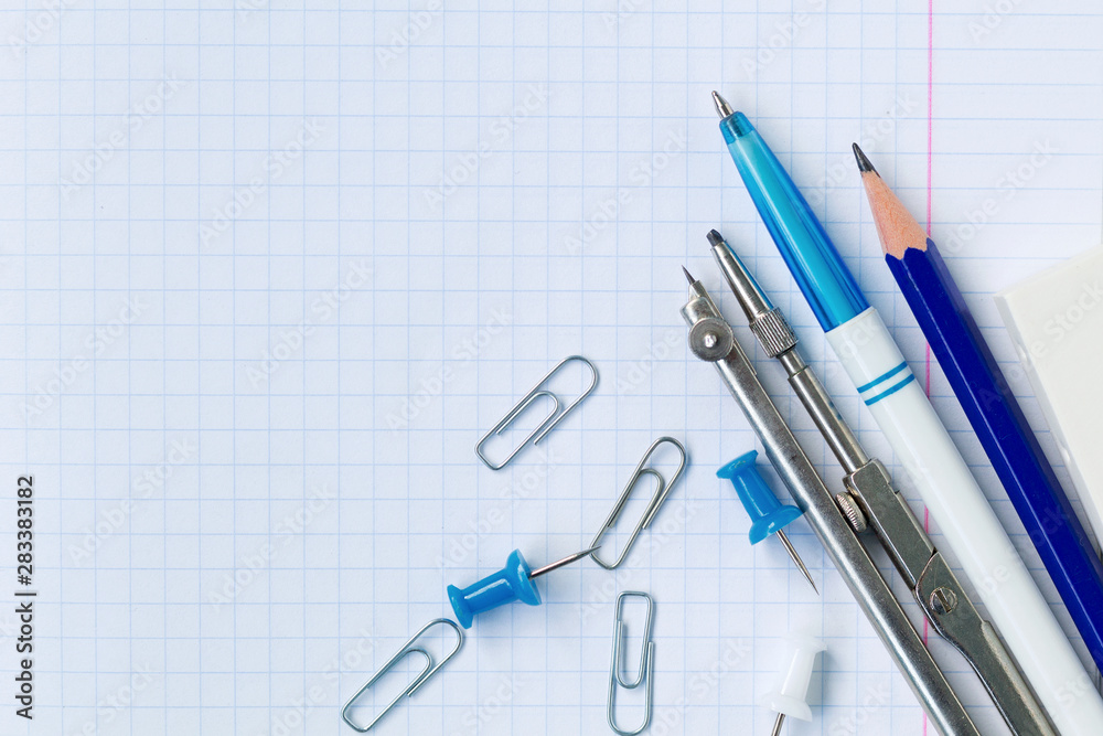pen and notebook with school supplies top view. back to school pen and notebook with school supplies top view. back to school