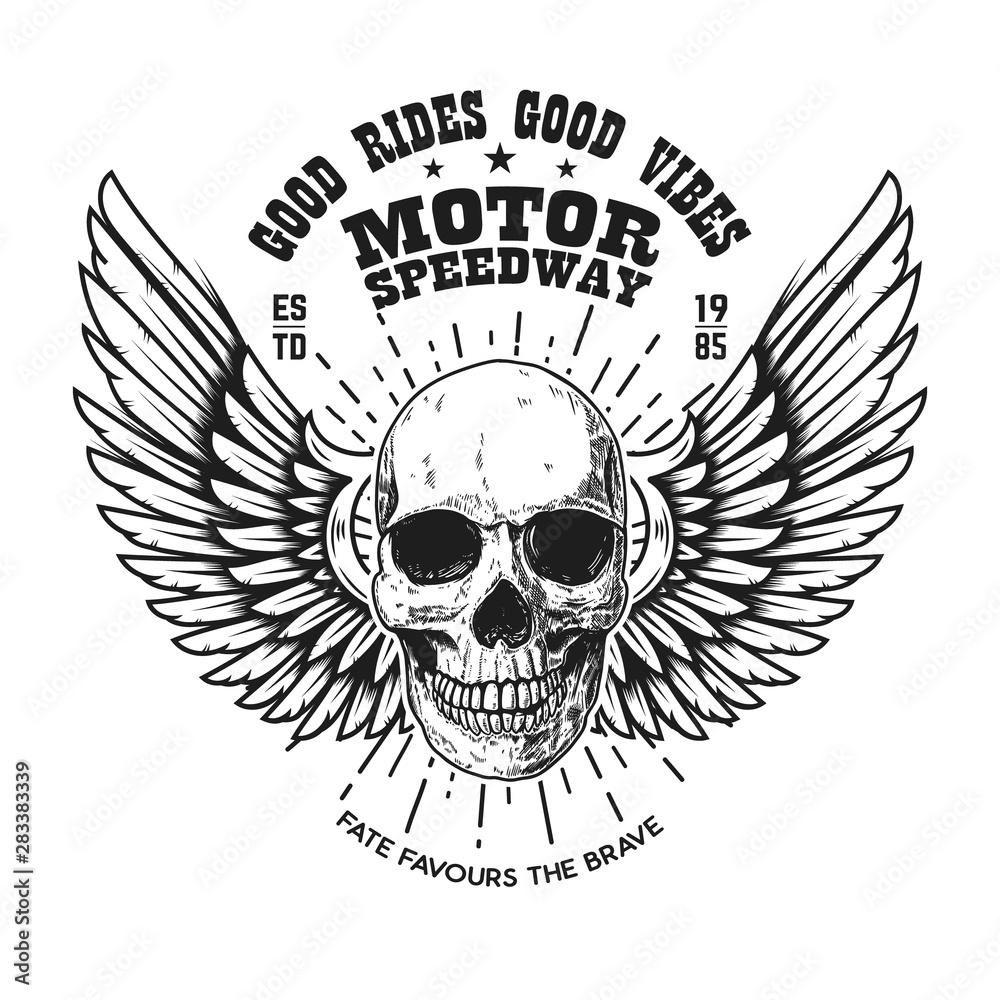 Fototapeta premium Custom motorcycles .Poster template with winged skull. Design element for poster, flyer, card, banner. Vector illustration