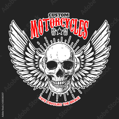 Custom motorcycles .Poster template with winged skull. Design element for poster, flyer, card, banner. Vector illustration
