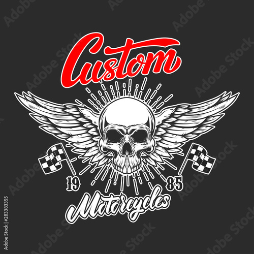 Custom motorcycles .Poster template with winged skull. Design element for poster, flyer, card, banner. Vector illustration