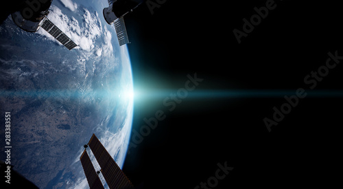 Fototapeta Naklejka Na Ścianę i Meble -  View of planet Earth from a space station window during a sunrise 3D rendering elements of this image furnished by NASA