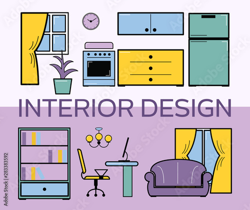 Interior design room flat style set vector illustration. Living room with fur...
