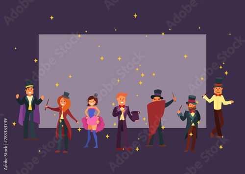 Magicians in theater or circus cartoon character vector illustration. Magical warlock and magic spelling sorcerer, male and female witchcraft in hats and mantle.