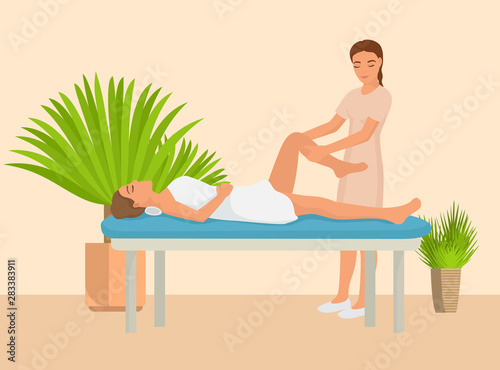 Young girl having hot stone massage vector illustration. Professional masseuse massaging patient body. Woman relaxing lying on table luxury spa salon.