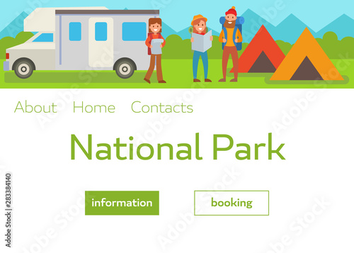 Camping park landscape vector illustration with travelers with backpacks, tents and van. Webpage template for summer camp, nature tourism, camping, hiking, trekking, etc.