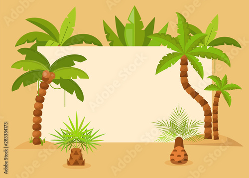 Palm trees frame vector illustration. Summer tropical background with exotic palm leaves and trees frame. Save the Date. Travel flyer, party invitation, ecological announcement.