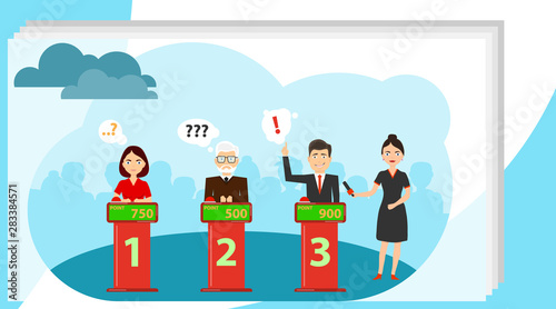 People answer quiz questions and click on the red button. People are thinking about the quiz question and are standing in their places. Conundrum game competition vector concept.