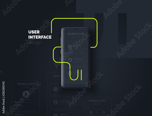 User interface. Mobile phone with page layout for mobile application. Development of an interface for a mobile application. UI UX template. Vector illustration. 3d