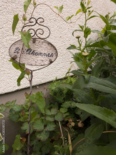 Ein Schild mit der Aufschrift Willkommen ist von Rankpflanzen umschlungen und steht im Vorgarten