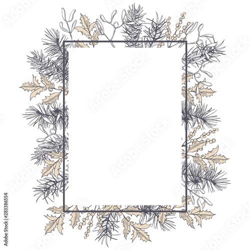 Vector frame with Christmas plants. Hand-drawn ilustration.