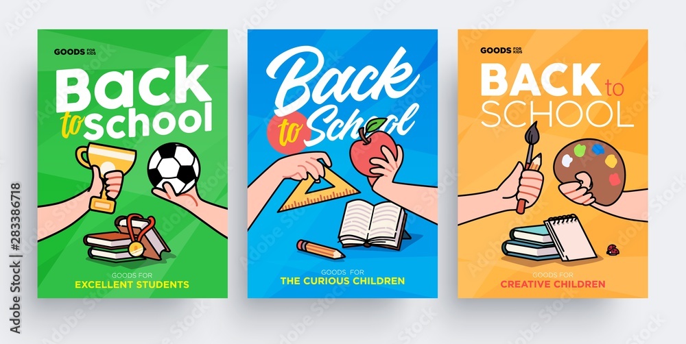 Fototapeta premium Set of Back to School greeting cards, posters or flyers. Сhildren's hands holding school supplies. Template for stationery store