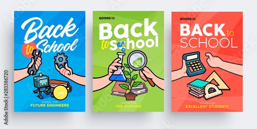Set of Back to School greeting cards, posters or flyers. Сhildren's hands holding school supplies. Template for stationery store
