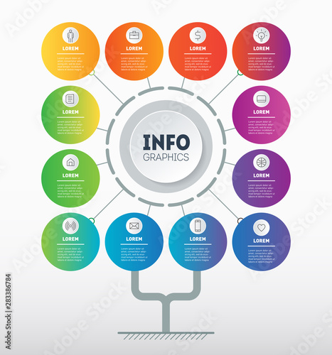 Business presentation or infographics concept with 12 points. Web Template of development tree, info chart or diagram. Info graphic of technology or education process with 12 steps. Annual report. photo