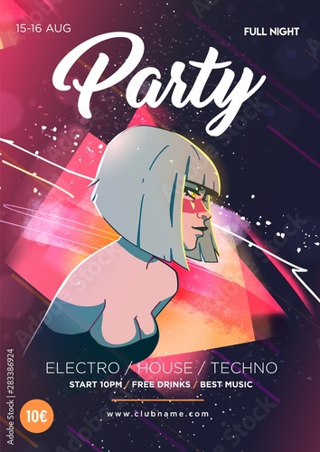 Beautiful girl on the background of abstract color spots. Dance Club Night Party Poster Flyer Layout Template. Colorful Music Disco Banner Design
