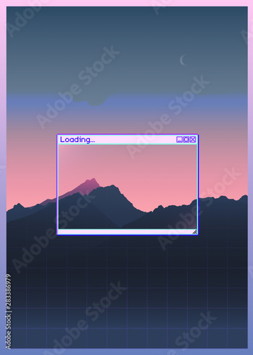 Retrowave mountain scene soft pastel neon gradient background with windows OS style frame background, aesthetic feeling