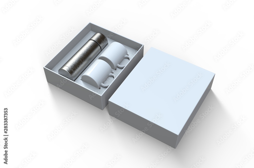 Blank stainless steel flask with two coffee mug in a box for branding. 3d render illustration.