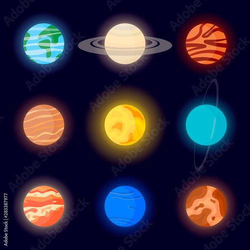 Icons of the planets of the solar system and the sun. Cartoon vector illustration on space background without stars
