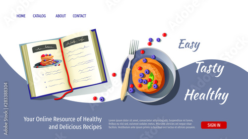 Web page design template for breakfast, healthy cooking, recipes. Plate with pancakes and recipe book. Vector illustration for poster, banner, website development.