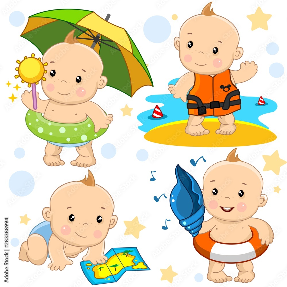 Icon set of illustrations with kids. Children travel in the summer. A babys with a map, with the sun under an umbrella from the heat, with a shell, in a life jacket. Icon set of illustrations with kids. Children travel in the summer. A babys with a map, with the sun under an umbrella from the heat, with a shell, in a life jacket.