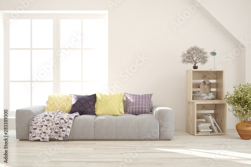 Stylish room in white color with sofa. Scandinavian interior design. 3D illustration