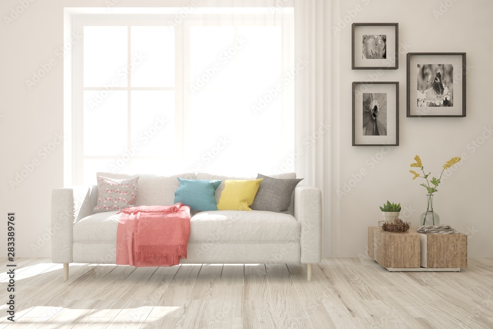 Stylish room in white color with sofa. Scandinavian interior design. 3D illustration Stylish room in white color with sofa. Scandinavian interior design. 3D illustration