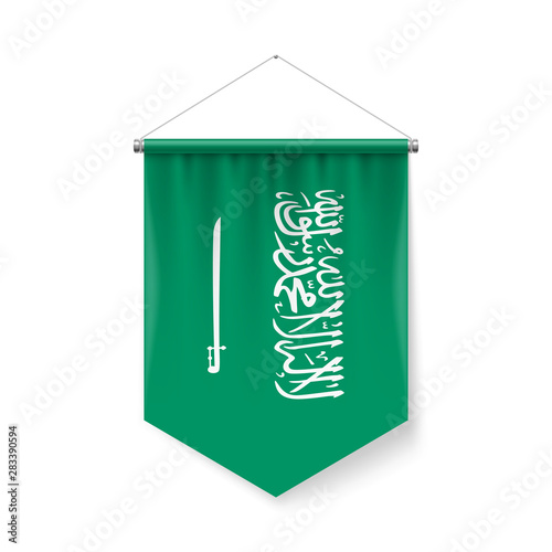 Vertical Pennant Flag of Saudi Arabia as Icon on White with Shadow Effects. Patriotic Sign in Official Color and Flower Flag with Metallic Poles Hanging on the Rope design