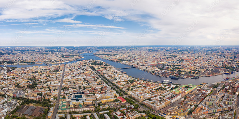Aerial panoramic view of Neva river and historical center in Saint Petersburg, Russia