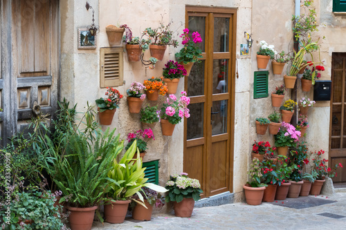 Valldemossa. Entrance door to the house decorated with flower pots