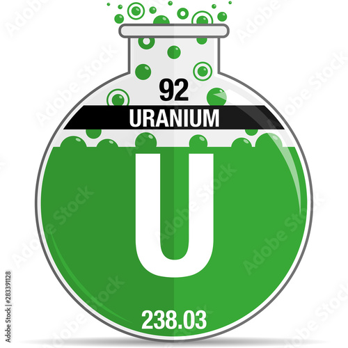 Uranium symbol on chemical round flask. Element number 92 of the Periodic Table of the Elements - Chemistry. Vector image