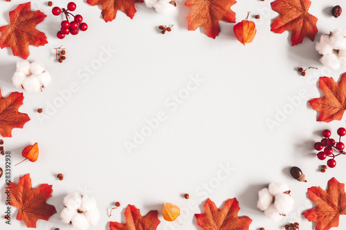 Autumn composition. Frame made of flowers, maple leaves on gray background. Autumn, fall, thanksgiving day concept. Flat lay, top view, copy space