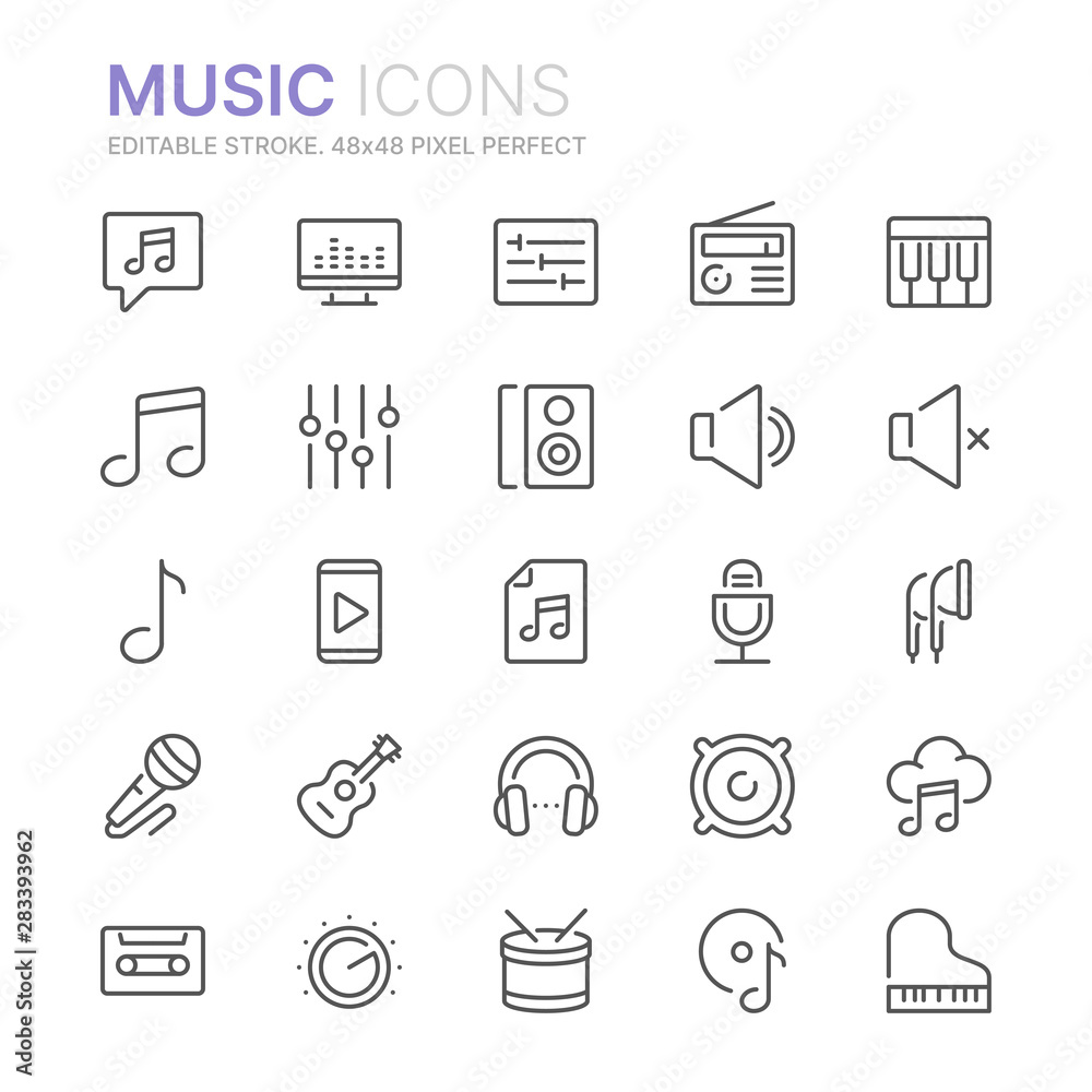 Collection of music related line icons. 48x48 Pixel Perfect. Editable stroke