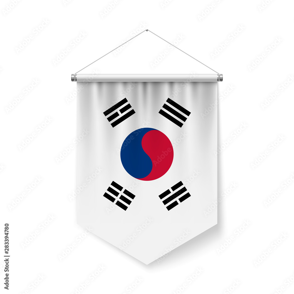 Vertical Pennant Flag of South Korea as Icon on White with Shadow Effects. Patriotic Sign in Official Color and Flower South Korean Flag with Metallic Poles Hanging on the Rope Vertical Pennant Flag of South Korea as Icon on White with Shadow Effects. Patriotic Sign in Official Color and Flower South Korean Flag with Metallic Poles Hanging on the Rope