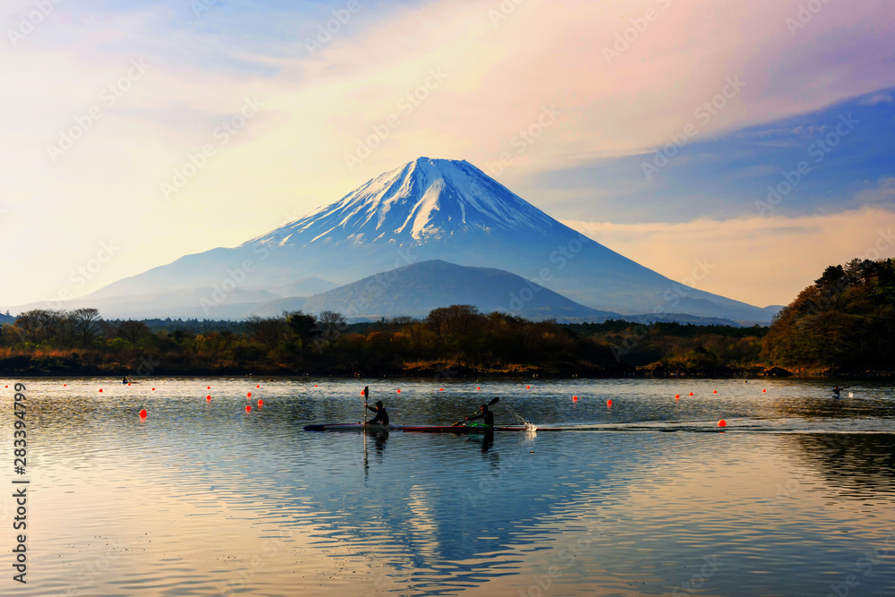 Boat kayaking around mountain fuji Boat kayaking around mountain fuji