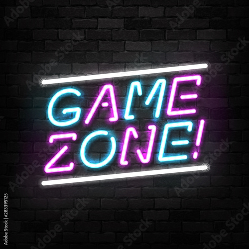 Vector realistic isolated neon sign of Game Zone for template and layout on the wall background. Concept of gaming.
