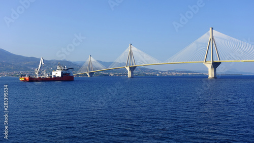 Famous modern anti seismic cable bridge of Rio Antirio Harilaos Trikoupis that connects Peloponnese to mainland Greece