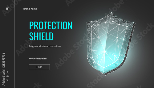 Shield. Low poly wireframe style. Concept of protect and security. Innovation digital shield.Polygonal abstract isolated on black background. Particles are connected in a geometric silhouette.Vector