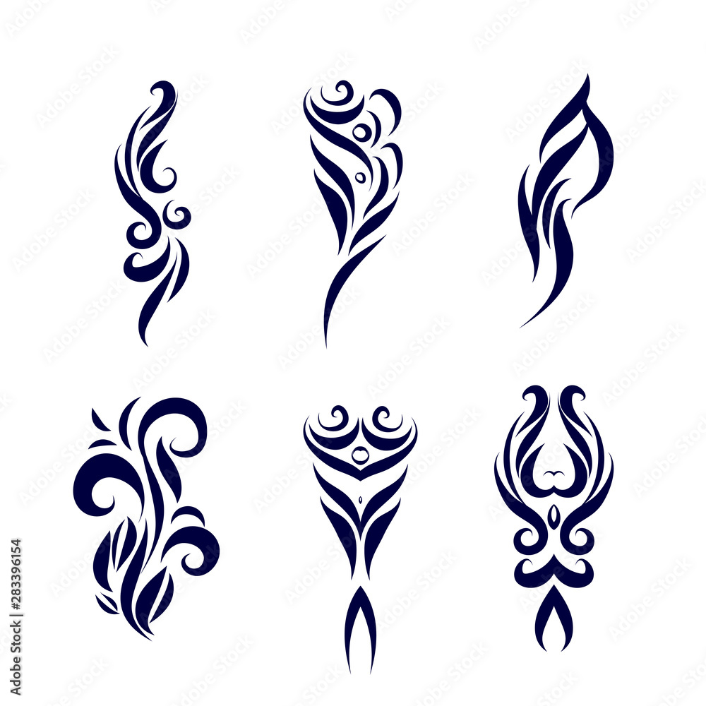 Set of Tattoo Tribal Design. Simple Logo Template. Individual Designer  Isolated Element for Decorating the Body of Women, Men and Girls Arm, Leg  and Other Body Parts. Abstract illustration on White Stock