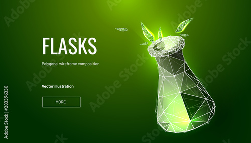 Medical Flasks. Low poly wireframe style. Concept of experiments, laboratory. Polygonal abstract isolated on green background. Particles are connected in a geometric silhouette. Vector