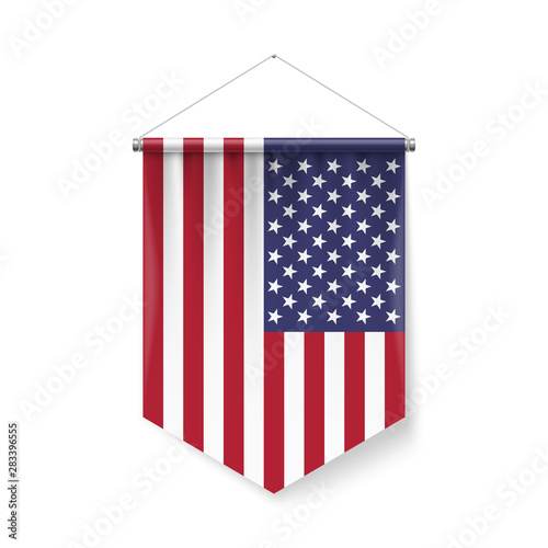 Vertical Pennant Flag of USA as Icon on White with Shadow Effects. Patriotic Sign in Official Color and Flower American Flag with Metallic Poles Hanging on the Rope