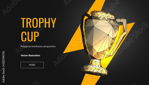 Realistic winner trophy. Polygonal wireframe composition. Concept of gold award for champion. Polygonal abstract isolated on black background.Particles are connected in a geometric silhouette. Vector