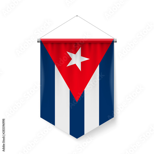 Vertical Pennant Flag of Cuba as Icon on White with Shadow Effects. Patriotic Sign in Official Color and Flower Cuban Flag with Metallic Poles Hanging on the Rope