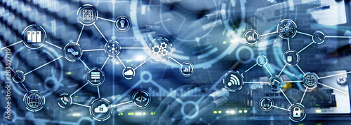 Universal Electronics Technology Background. Internet Concept of global business. Server rack blurred background