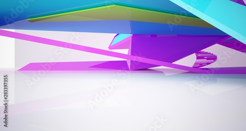 Abstract architectural white interior and color gradient of a minimalist house with large windows.. 3D illustration and rendering.