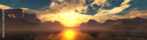 Beautiful sunset over the bay. Beautiful sunrise in a rocky bay. The sun over a mountain lake. , 3d rendering