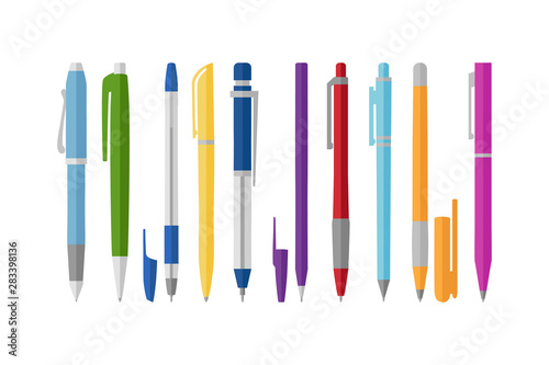 Collection of different pens, flat style, vector illustration
