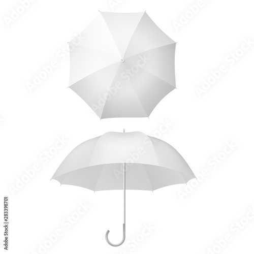 White umbrella and parasols realistic isolated on white. Design template of opened parasols for mock-up. EPS 10